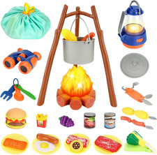Kids Camping Toys Set, Pretend Play with Campfire, Pretend Cutting Food for Play