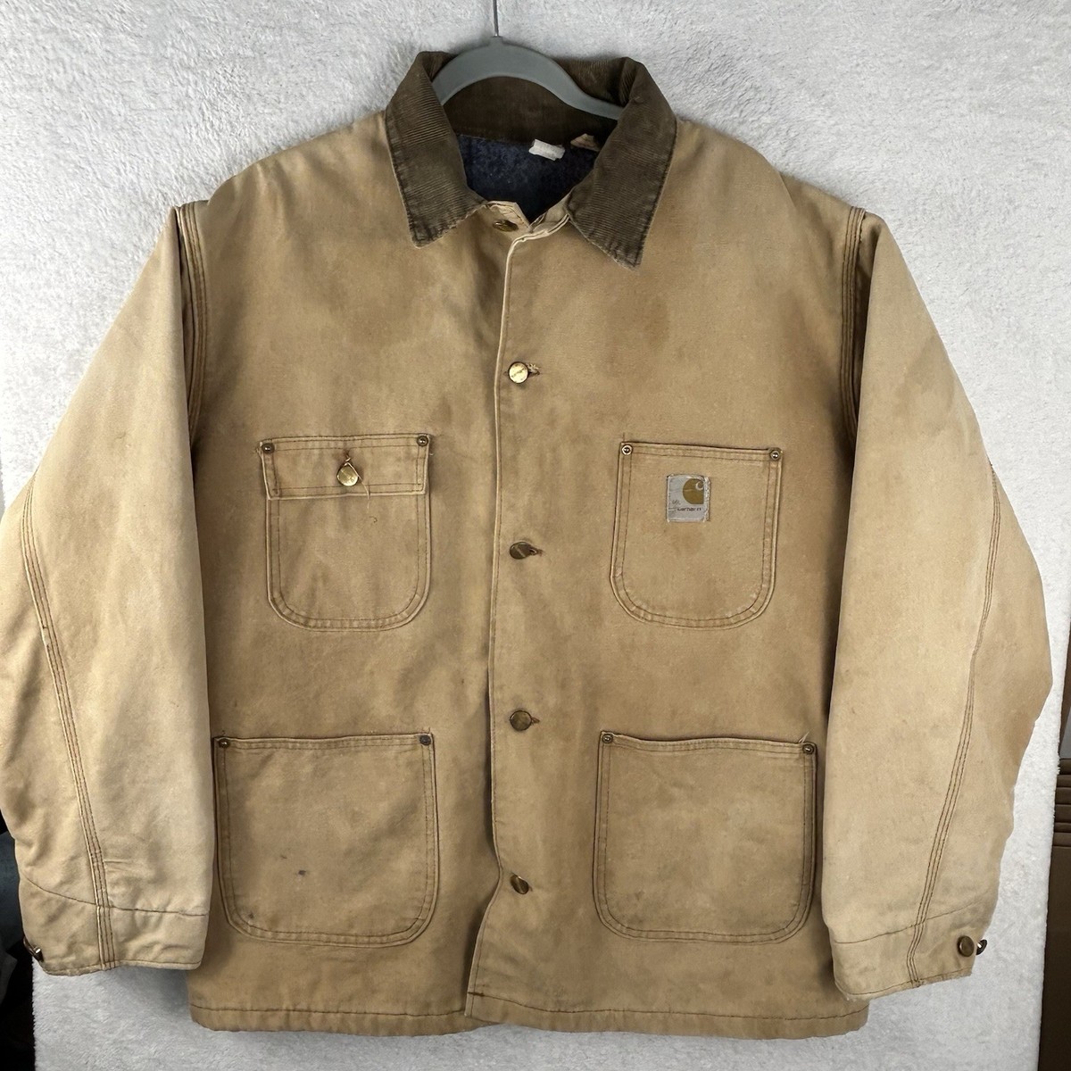 ジャケット・アウター 80s Carhartt chore coat made in usa Vintage 80s Carhartt Chore Coat Jacket Size 46L (XLT) Distressed