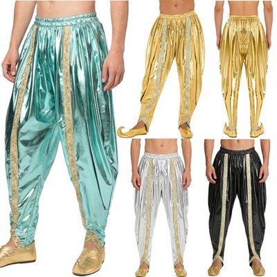 Men Indian Dhoti Pants Gold Brocade Trim Elastic Waist Metallic Harem Trousers