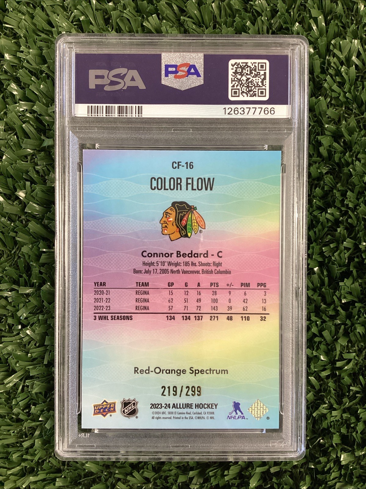 Connor Bedard 2023-24 UD Allure Color Flow Red-Orange Spectrum /299 PSA 10 (RC) view 2
