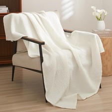 PHF Pre-Washed Cotton Waffle Weave Blanket Throw Size Throw 50" x 60" , Cream