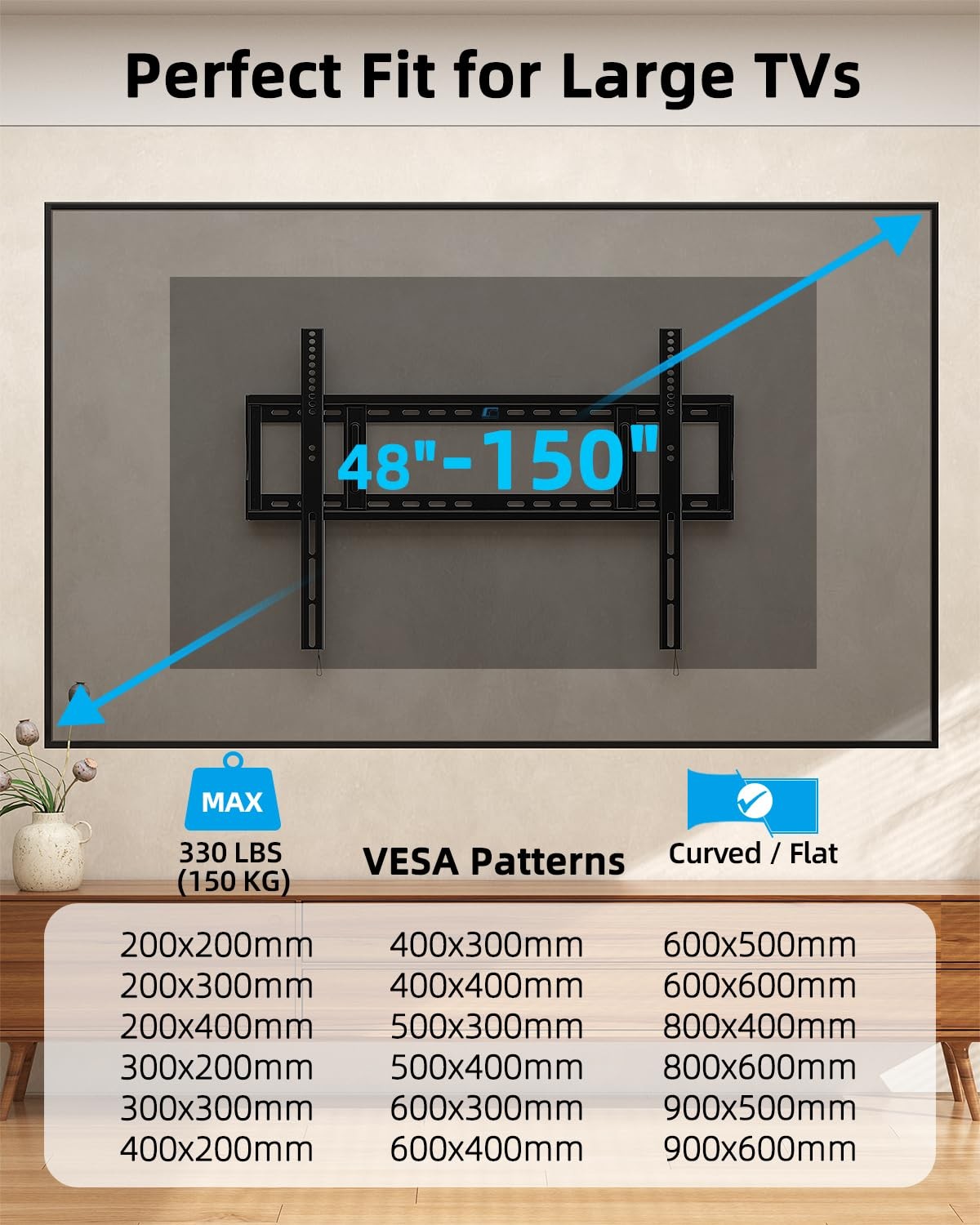 Heavy Duty TV Wall Mount for 48-150 inch Large TVs up to 330 LBS & 900x600mm ...