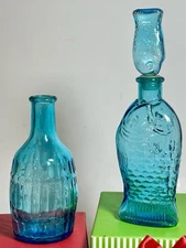 2 Vintage Blue Wheaton. Glass Fish Bottle Doctor Fisch's Bitters 6" with Stopper