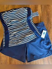 Lands' End Navy Striped Swimsuit Top and Swim Shorts Set 84 RV Small 6-8