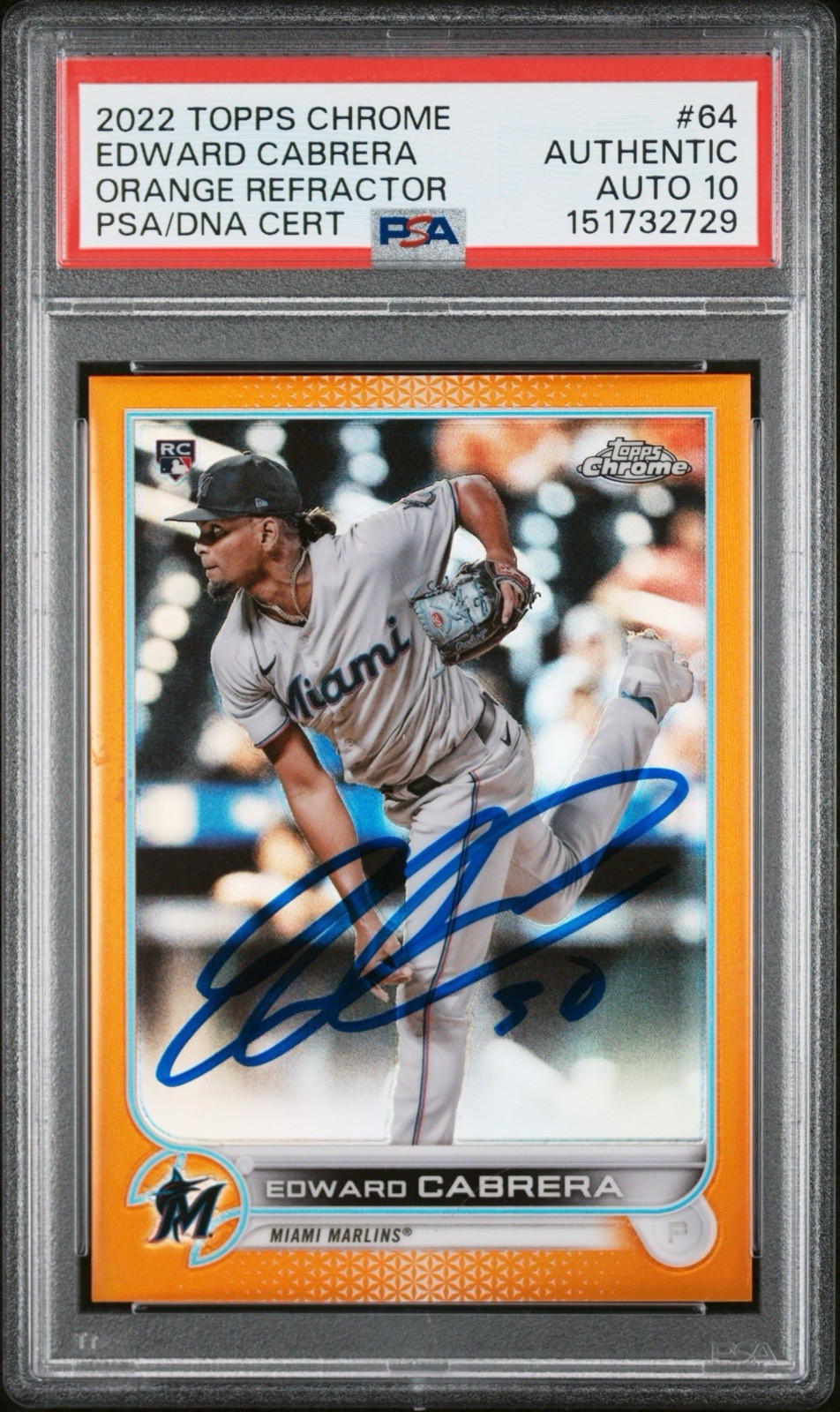 Edward Cabrera 2022 Topps Chrome AUTO /25 ORANGE REFRACTOR PSA 10 ROOKIE #64