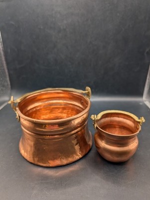 Vintage Set Of 2 Copper Pots With Solid Brass Handles Hammered Detailing 