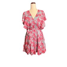 MINKPINK Pink Ruffled Floral V-Neck Tie-Waist Mini Dress Size Large