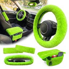 5 Pcs Fuzzy Green Car Accessories Set, Soft Fluffy Plush Steering Wheel Cover...