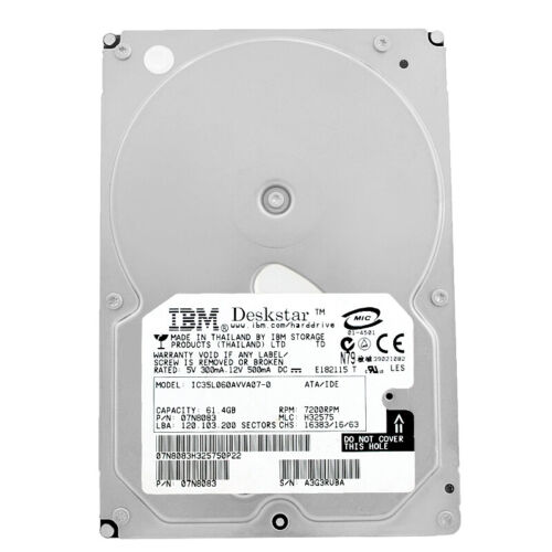 Hard Drive IBM 60GB IC35L060AVVA07-0 7200RPM ATA 3.5" Inch 07N8083