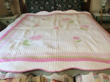 QUILT PINK APPLIQUE FLOWERS ON WHITE 74" BY 80"