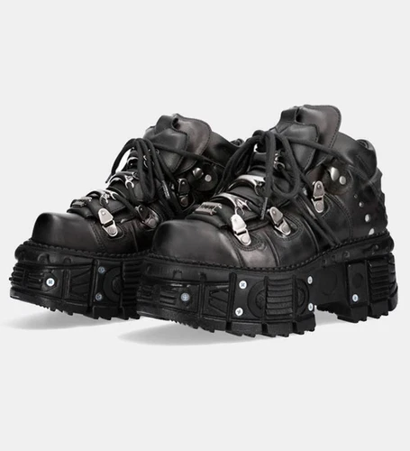 Nuevas Botas Rock Unisex Metálicas Cuero Negro Plataforma Gótica Reino Unido - Imagen 1 de 5