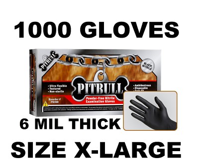 PITBULL Black Nitrile Gloves, 6 mil, Powder Free, Case of 1000 Size XL X-LARGE