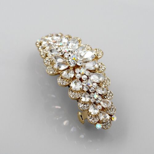 18K GP Flower Clear Rhinestone Crystal CZ Alloy Barrette Hair Clip pin 03689 New - Picture 2 of 5