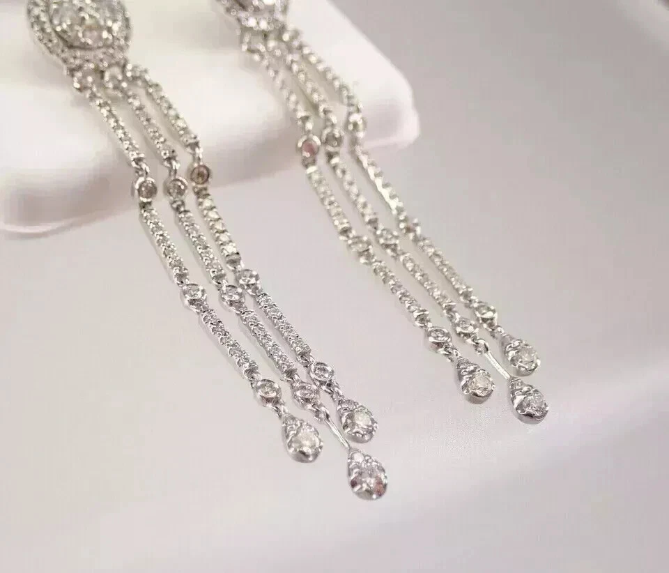 2.50Ct Round Cut Moissanite Women's Drop Dangle Earrings 14K White Gold Plated - Image 2 of 4