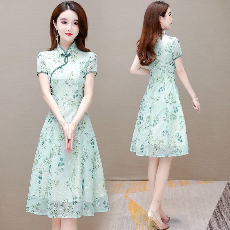新品未使用 mandarin dress グリーン Sサイズ Knee Length Bodycon Traditional Cheongsam Floral Suede