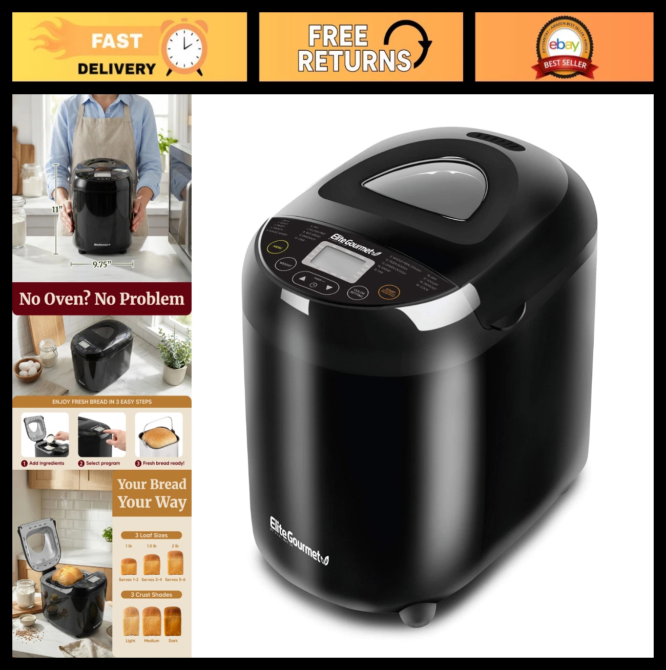 Programmable Bread Maker 2 lb Loaf, 19 Presets, Gluten-Free, Delay Timer, Black