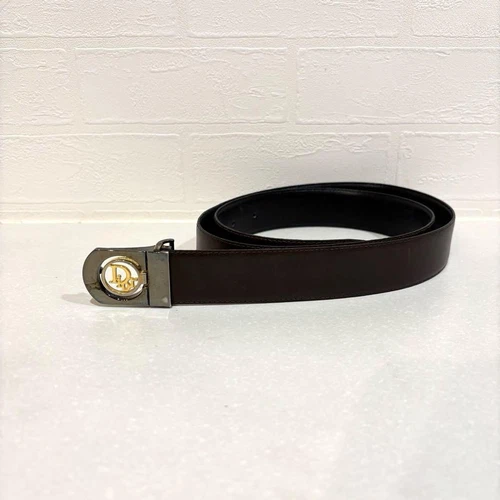 Authentique ceinture Christian Dior boucle argentée dorée cuir marron vintage
