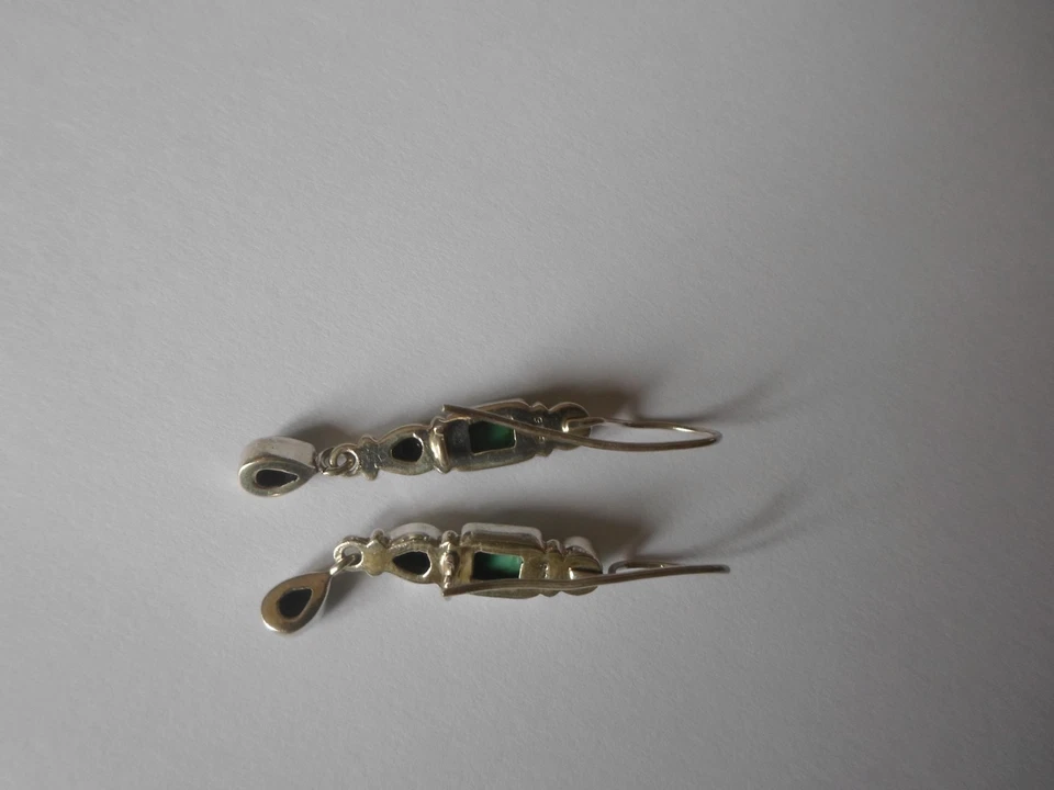 boucles d'oreilles en argent massif, pendantes, cabochons de turquoise vertes - Immagine 4 di 4