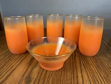 6 MCM Blendo Orange Frosted Glass Roly Poly Glasses & Bowl 5” Mid Century Modern