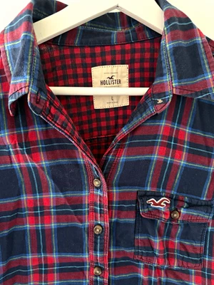 Hollister Damen Flanellbluse L blau rot kariert Kragen Langarm - Bild 1 von 4
