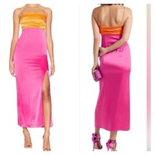 Alice + Olivia NWT Lilita Orange Pink Satin Midi Dress Size 2 Slit Two-Tone Gown