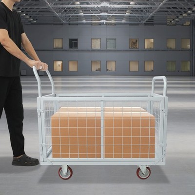 4-in-1 Heavy Duty Platform Truck Cart w/Cage, Multi-Purpose Push Cart w/Casters