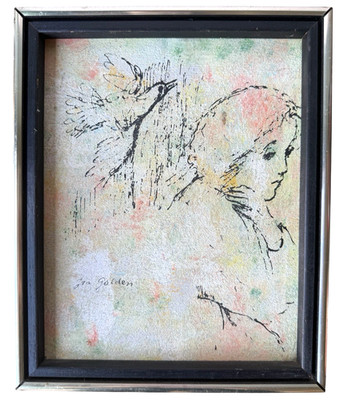 Ira Golden Original Signed Mixed Media Woman Profile Dove Painting Framed 11x9