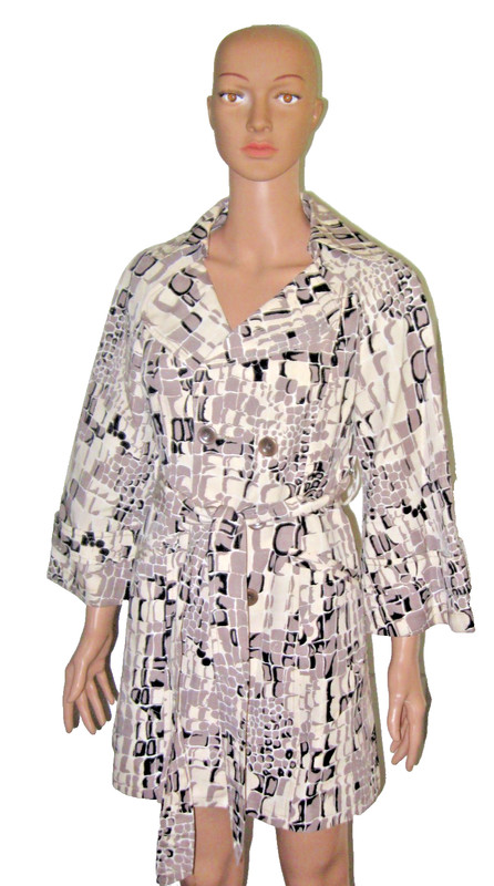 NANETTE LEPORE Women's Short Geometric Tan/Gray/Black Trench Coat Sz 8