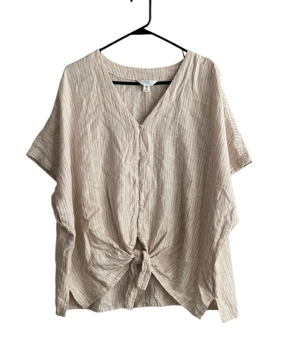Time and Tru 3XL Linen Blend Tie Front Beach Top Beige Stripe Neutral
