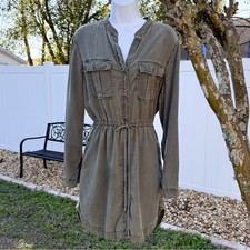 Bella Dahl Olive Utility Shirt Dress | Tie Waist | Button Front | Size M