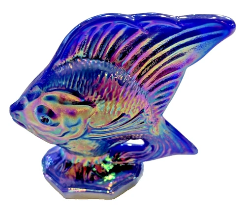 BEAUTIFUL VTG FENTON Blue Iridescent Sunfish Art Glass Figurine W/LABEL 2.75"H