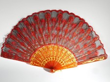 Vintage Spanish Flamenco Hand Fan Red Gold Embroidered Lace Elegant Dance