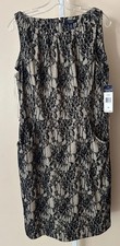 Chaps Black Lace Overlay Beige Dress Sleeveless Stretch Ruching 16M