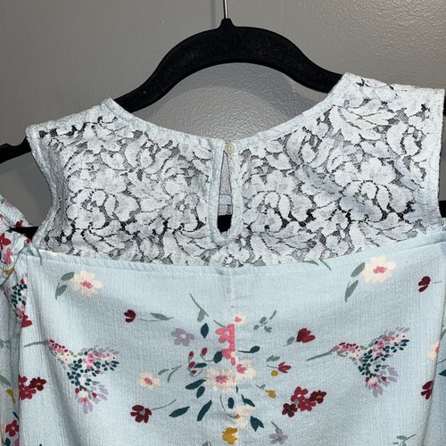 Abercrombie Kids Floral Lace Top Girls 13/14 Ruffle Cold Shoulder Blue - Picture 6 of 8