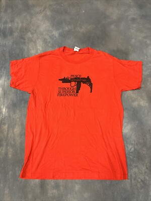 Vintage Uzi Peace Through Superior Firepower Gun Slogan Tshirt Red XL