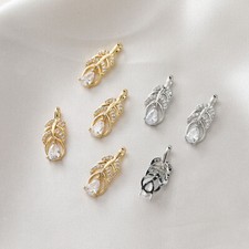 6pcs CZ Pave Leaves Charm,Cubic Zirconia Leaf Pendant,Zircon Feather Charm