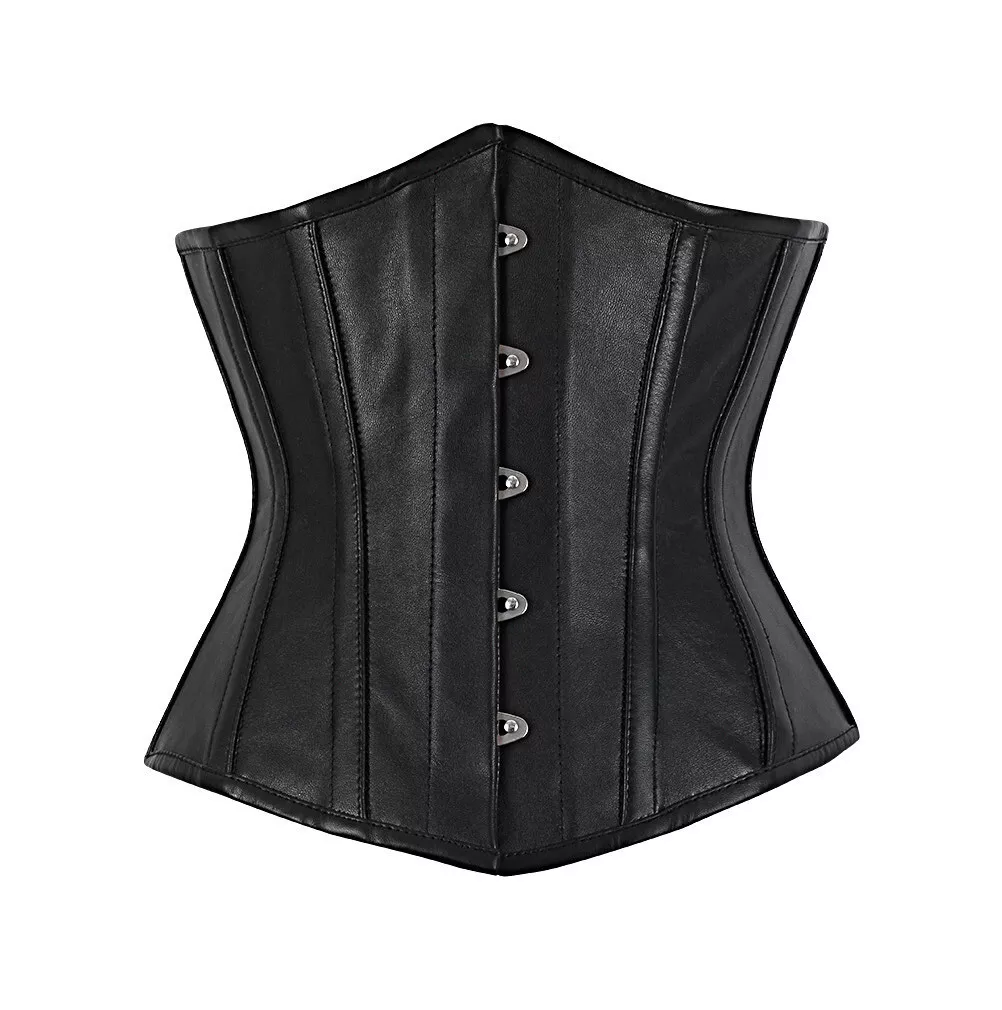 Black Leather Underbust Corset Full Steel Boned Spiral Lacing Basque Sexy  Shaper