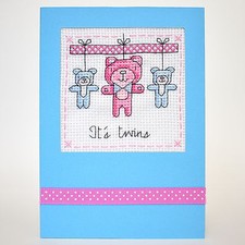 COMPLETED CROSS STITCH NEW BABY CARD "IT'S TWINS"