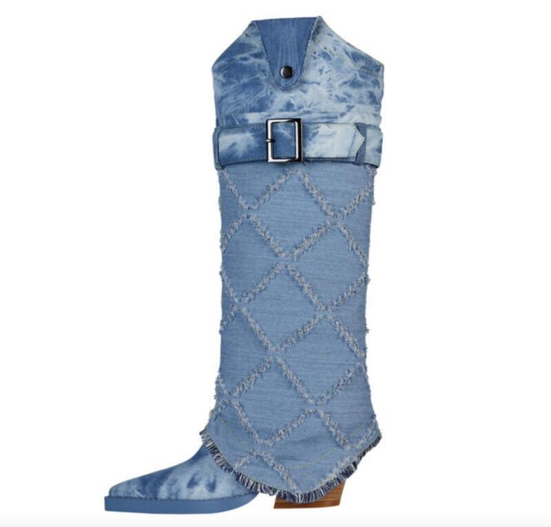 Women Point Toe Block Heel Knee High Boot Denim Trousers Boot