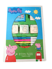 Peppa Pig Wooden Stamp Set. 4 stamps, 1 ink pad and 7 felt tip pens FREE GIFT GC