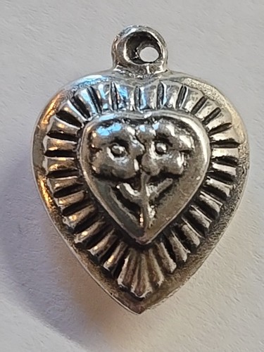 Sterling Silver ~ Puffed Heart Charm ~ RADIANT FLOWERS! ~ VINTAGE