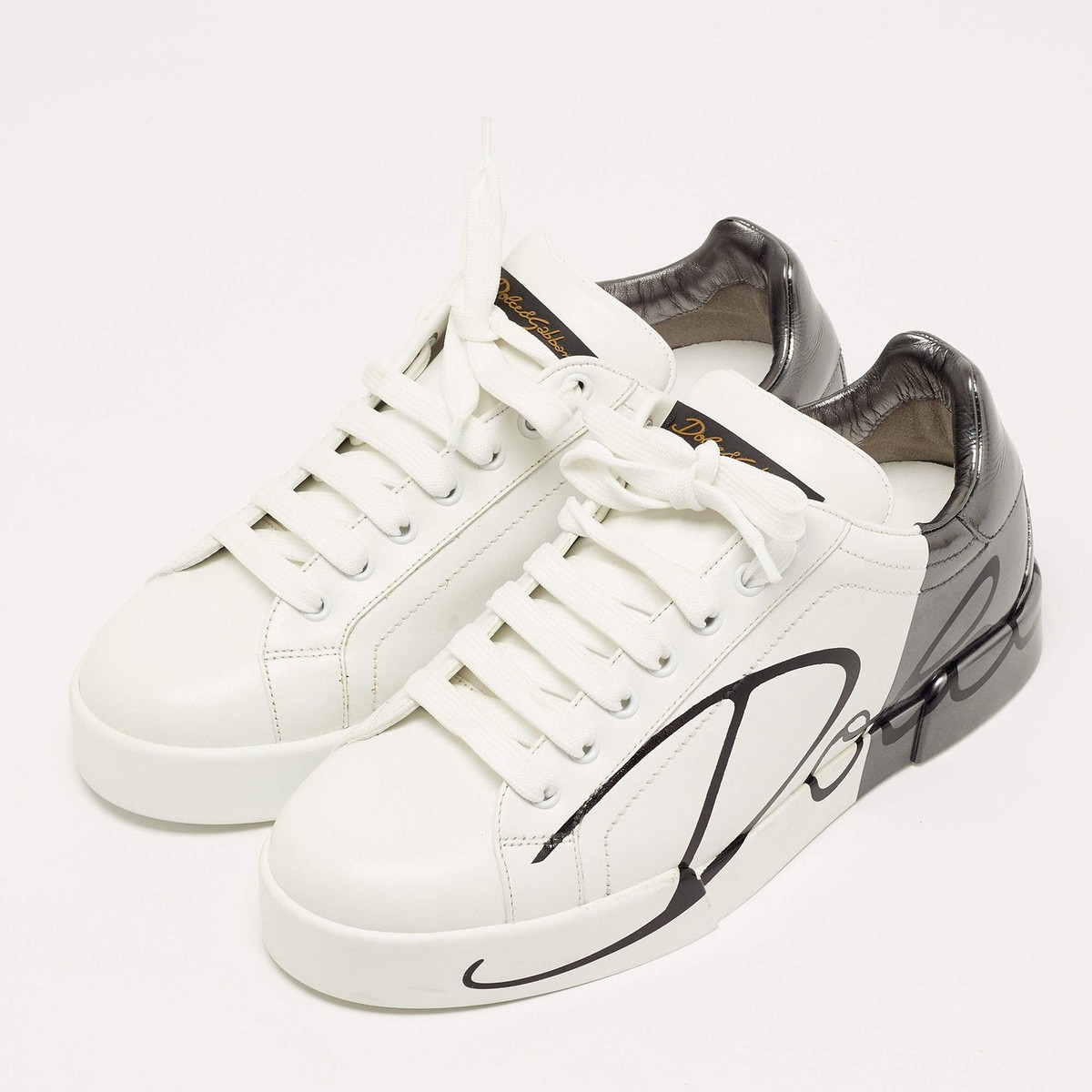 Dolce Gabbana Portofino Size 40 WhiteDark Grey Leather and Patent