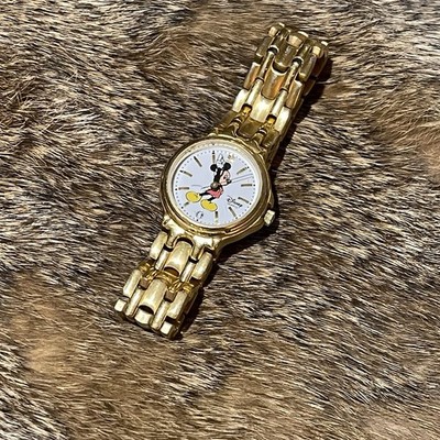 Rare Disney Mickey Mouse Time Works Women's Wrist Watch Gold Color