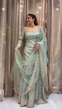 wedding Wear Green Chinnon Silk Embroidered Sharara Suit Set With Lace Dupatta