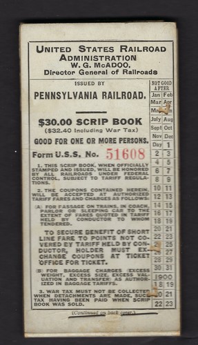 1919 Pennsylvania Railroad $30.00 Scrip Book with tickets number 4 thru 60