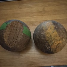 (2) Vintage Wooden Croquet Balls Striped Green Yellow see images for condition  