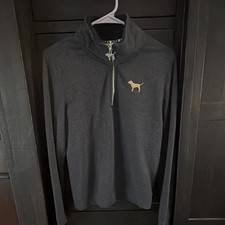 PINK Victoria  s Secret Logo Mock Neck 1/4 Zip Sweatshirt Gray Womens M Medium