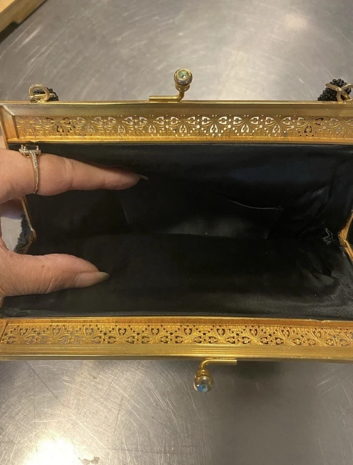 Vintage-Inspired Black Beaded Evening Bag with Gold Frame - Image 4 of 4