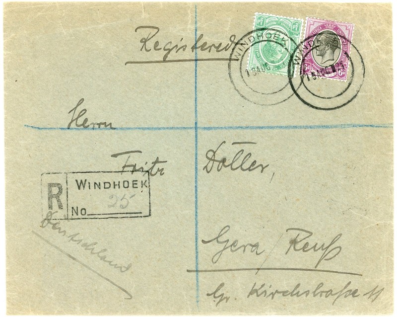 South West Africa SG#Z2,#Z10-WINDHOEK 19/AUG/21-REGISTERED-TO GERMANY-GERA 16/9/