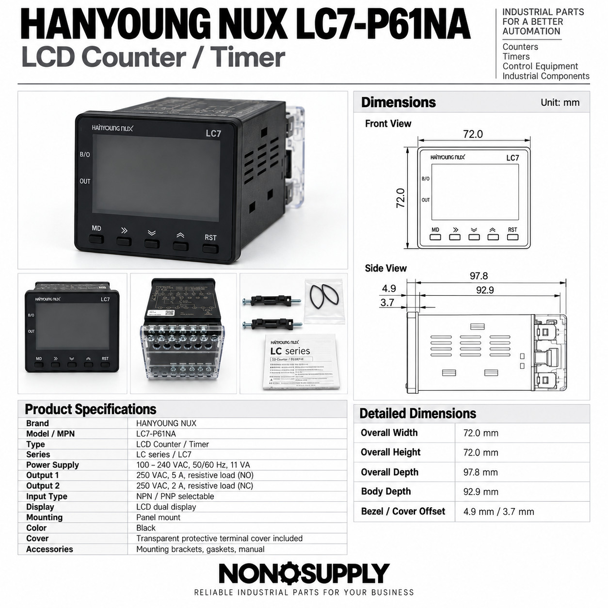 HANYOUNG NUX LC7-P61NA LCD Counter Timer 72x72mm 6-Digit 100-240VAC NEW
